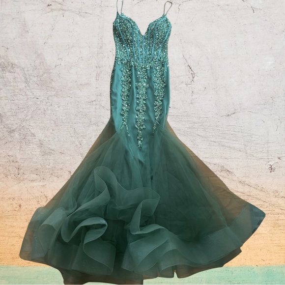Jovani Green Sequin Beaded Prom Dress Mermaid Style Corset Top and Tulle Sz 4 - Picture 8 of 15